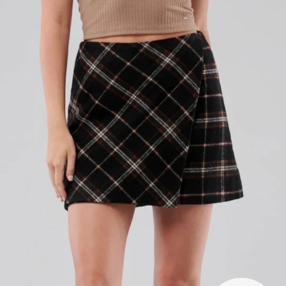 Hollister Ultra High Rise Mini Skirt Sz S Plaid Flannel Wool Academia Faux Wrap